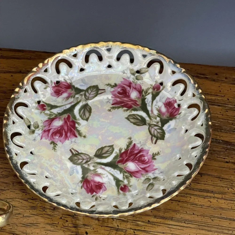 Vintage Royal Sealy China Three Ring Footed Cup &‎ Saucer Iridescent Gold Roses